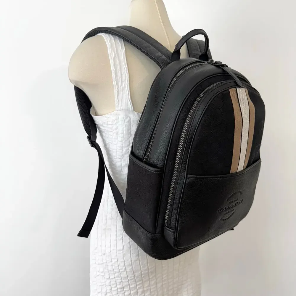 Coach Thompson Signature Jacquard Backpack Bag Varsity Stripe Canvas Leather
